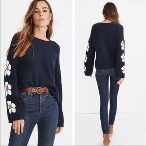 Madewell Belmore Daisy Floral Sleeve Pullover Navy Blue Sweater Size Large